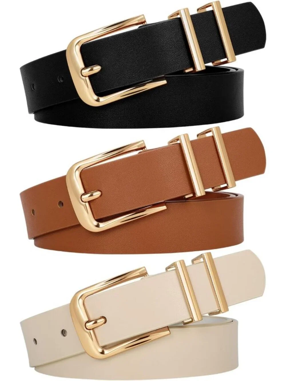 Stylish 3-Pack Women's Leather Belts with Gold Buckle for Jeans & Pants